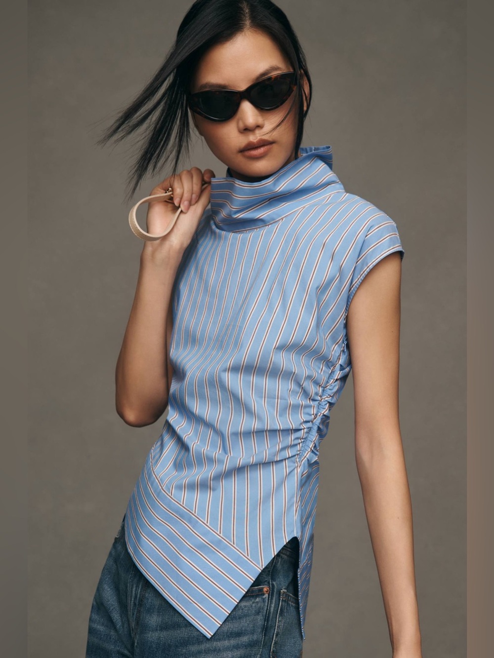 MAEVE Anthropology Mock-Neck Asymmetric Muscle Top Striped Blouse Women’s XL